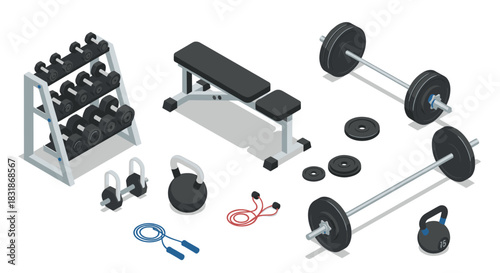 Modern gym equipment collection in isometric style featuring dumbbells, barbells, and more