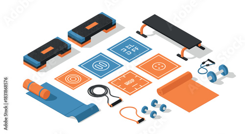 Isometric gym equipment set featuring weights, benches, and exercise mats in blue and orange