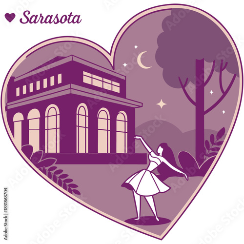 Sarasota Ballet and Architecture – Nighttime Heart-Shaped Illustration