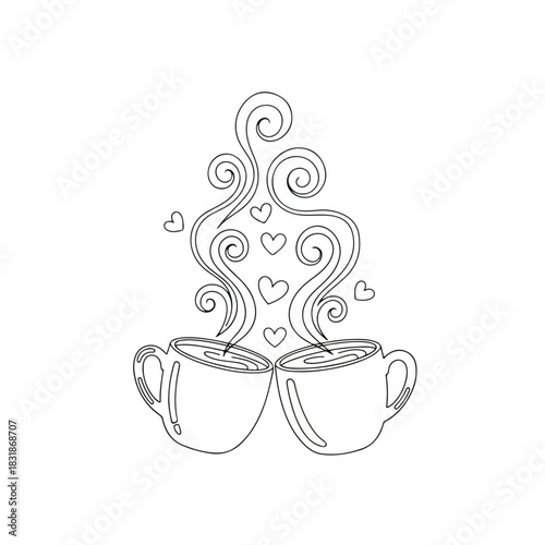 A romantic doodle line art illustration of two coffee cups with steamy hearts rising up in a whimsical, hand-drawn design on a white background.
