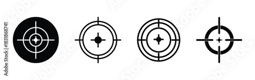Black dark isolated modern vintage target icons set on white background. Target weapon icons, Gun, Military, Shot icons set on white page. Aiming optical gun icons set. EPS 10. 