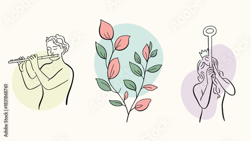Minimalist line art illustrations of a person playing a flute a plant branch and a crowned figure holding a key