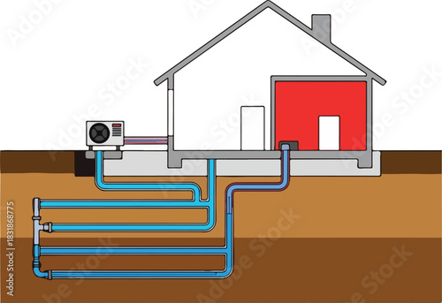 Geothermal heating system with pipes under a house and scooter parked nearby for GPS navigation on a map.