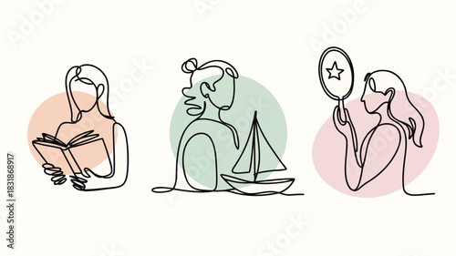 Minimalist continuous line art depicting women reading a book sailing a boat and looking in a mirror