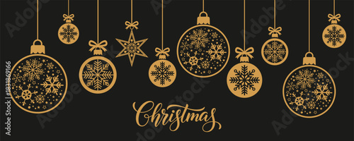 Luxurious Christmas background with hanging gold baubles and star ornaments filled with snowflakes on black, elegant winter holiday greeting card or web banner design for festive seasonal celebrations