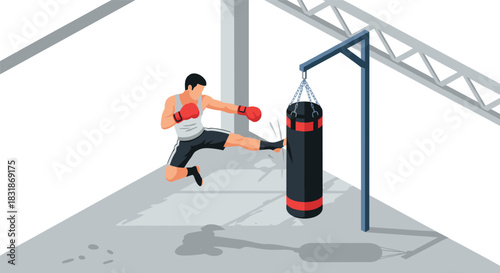 Dynamic kickboxer training with punching bag in modern gym setting