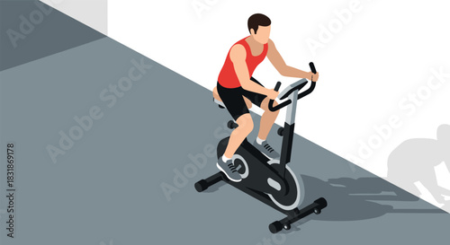 Isometric gym scene: man exercising on stationary bike in modern fitness studio