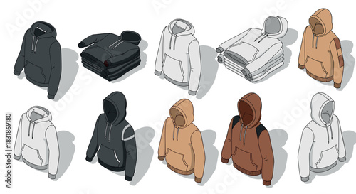 Isometric hoodie collection featuring multiple colors and designs