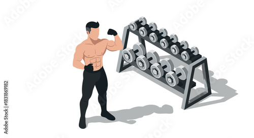 Isometric fitness enthusiast with dumbbells in gym setting