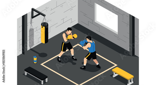 Isometric boxing training session in gym with equipment and sparring boxers
