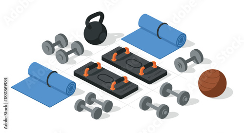 Isometric gym equipment set with dumbbells, yoga mats, kettlebell and more