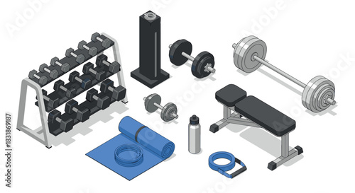 Isometric gym equipment set: dumbbells, barbells, bench, and fitness accessories