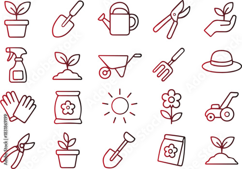 Outline vector icons illustrating essential gardening tools and elements for horticulture, plant care, cultivation, sustainable living, and natural growth activities.