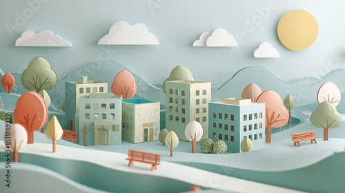 Fototapeta Naklejka Na Ścianę i Meble -  a charming paper cut-out of a small town with trees, clouds and sun. A whimsical and creative depiction of urban life.
