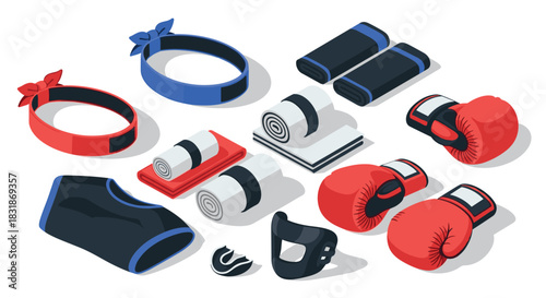 Boxing gear collection in isometric style featuring gloves, wraps, headbands, and mouthguards