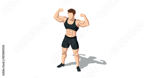 Confident bodybuilder posing in athletic wear with shadow on white background