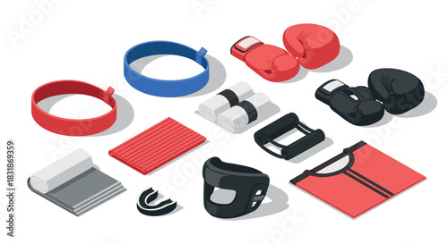 Isometric martial arts equipment: boxing gloves, headgear, belts, and mats