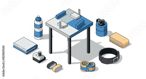 Modern isometric office supplies and fitness gear on minimalist desk