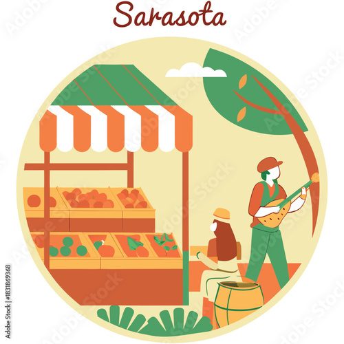 Sarasota Market and Musicians – Circular Cultural Poster
