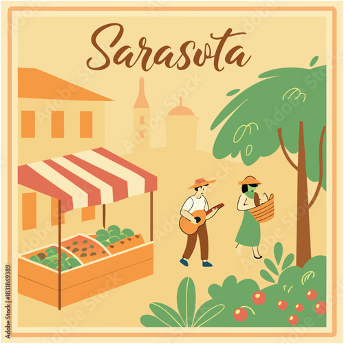 Sarasota Market with Guitar Player – Stylized Community Scene
