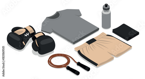 Isometric boxing equipment set with gloves, shorts, and t-shirt