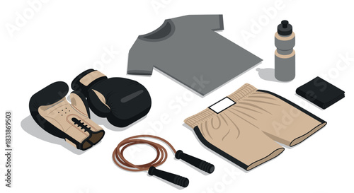 Boxing gear essentials: gloves, apparel, and accessories in modern flat design