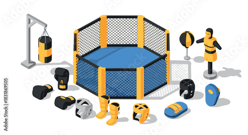 Isometric mixed martial arts training equipment: octagon cage, gear, and punching bags
