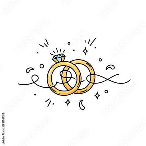 A romantic doodle line art illustration of intertwined wedding rings with a diamond solitaire surrounded by decorative lines, shapes, and sparkles on a white background.