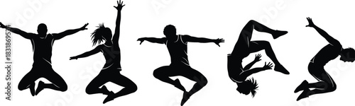 Jump silhouette vector, acrobatic motion pose, expressive athletic movement, dance flip twist illustration, CAD streetwear flat vector illustration