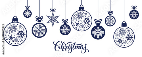 Elegant Christmas background with hanging blue baubles and star ornaments filled with snowflakes on white, minimalist winter holiday greeting card or web banner design for seasonal celebrations and de