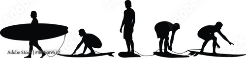 Surfing preparation silhouette, surfboard leash connection, beach sport action, surf stance vector, black figure sequence, surfing steps illustration, CAD streetwear flat vector illustration