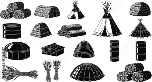 Traditional shelters vector, agricultural storage icons, hay bundles illustration, tipi igloo hut barn, CAD streetwear flat vector illustration