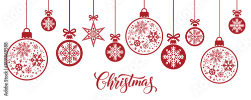Elegant Christmas background with hanging red baubles and star ornaments filled with snowflakes on white, minimalist winter holiday greeting card or web banner design for seasonal celebrations and de