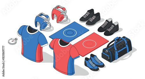 Isometric wrestling gear setup with helmets, shoes, and uniforms on mats