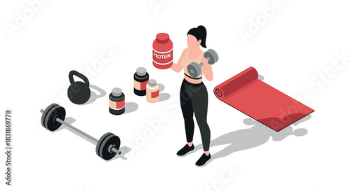 Isometric fitness scene with woman, gym equipment, and supplements