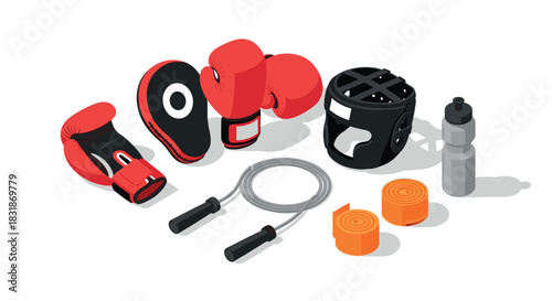 Essential boxing equipment in isometric style: gloves, pads, helmet, and more