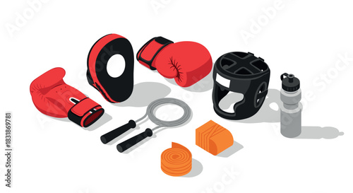 Essential boxing gear: gloves, helmet, speed rope, wraps, mitts, and water bottle isometric design
