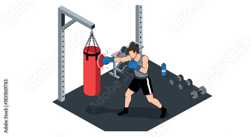 Isometric boxing training scene with punching bag and dumbbells
