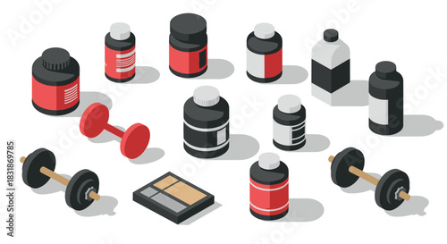 Isometric fitness supplements and equipment on white background