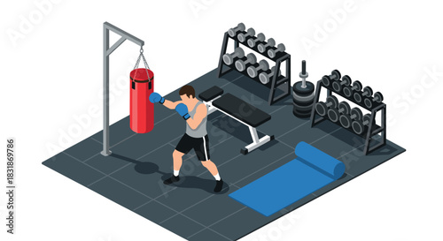 Isometric home gym with boxing bag and dumbbells