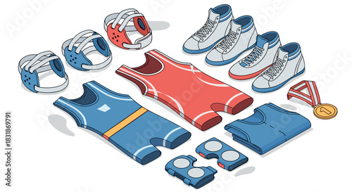Isometric sports gear collection featuring shoes, jerseys, and headgear