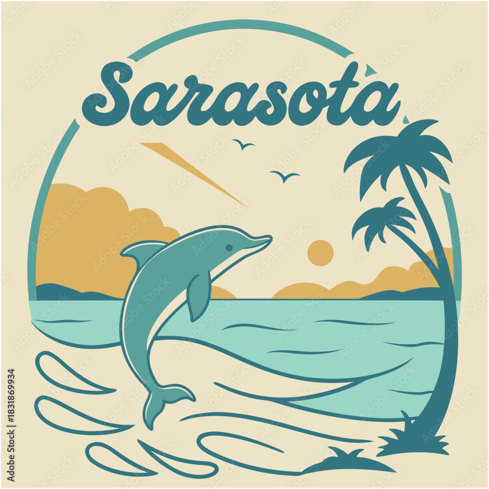 Naklejka premium Sarasota Dolphin and Sunset Beach Scene – Vintage Coastal Poster