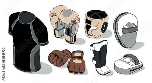Mma training gear collection featuring gloves, pads, and protective wear in isometric style