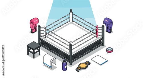 Boxing ring with equipment in isometric design