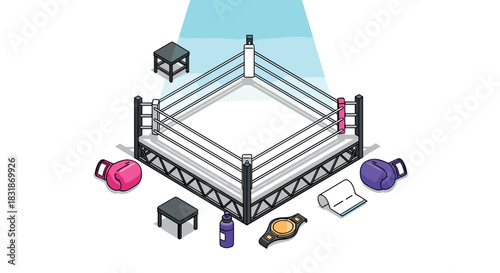 Isometric boxing ring setup with gear and accessories in bright colors