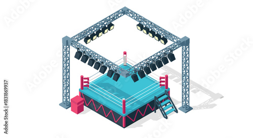 Isometric wrestling ring with lighting truss and stairs on white background