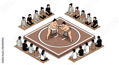 Isometric sumo wrestling match with audience in traditional setting