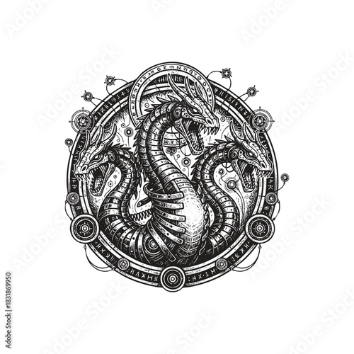 Intricate three-headed Hydra or dragon creature illustration in a dark, mythical, and mechanical style, enclosed within a decorative circular frame
