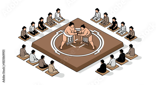 Isometric sumo wrestling match with spectators on traditional dohyo