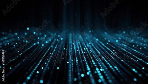Abstract digital data streams flow across a dark background with blue light.